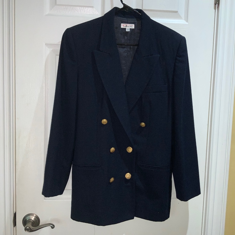 Talbots wool double breasted navy blazer Sz 10 long line Lagenlook classic